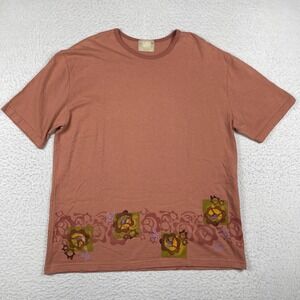 Blue Fish Organic Cotton T-Shirt Mens XL Terracotta Hand Print Art to Wear 2000